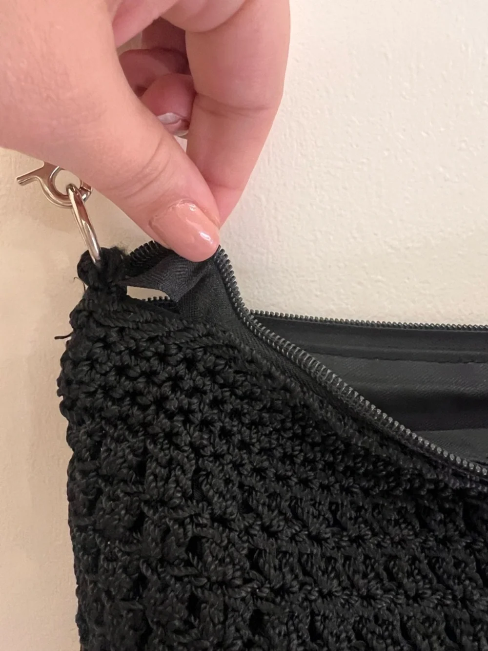 The Sak Black Crochet Shoulder Bag Boho Knit Purse Zip Pocket